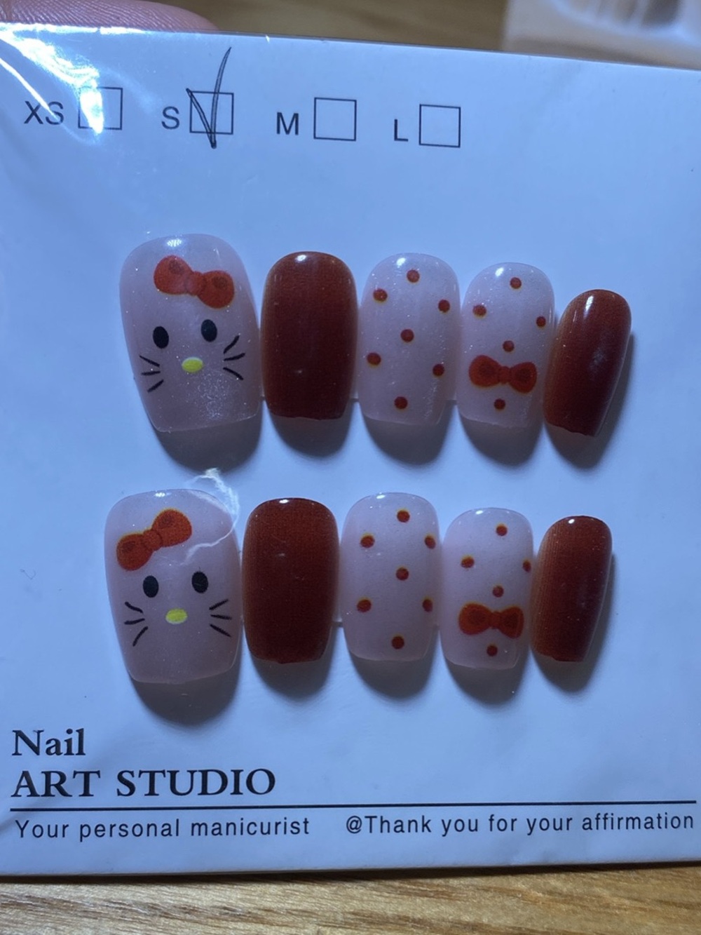 Hand-Painted Cute Kitty Press-On Nails in Rust and Pale Pink